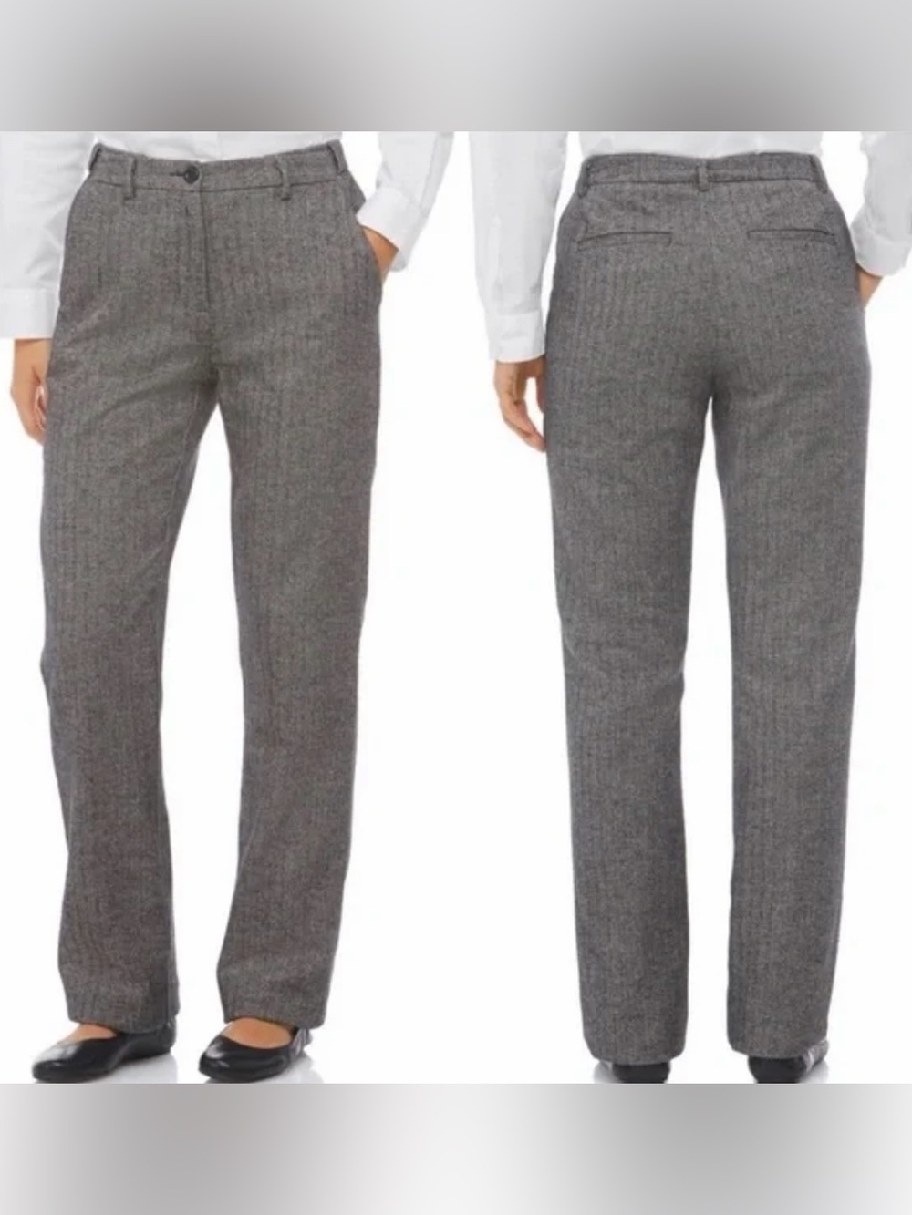 LL Bean Classic Fit Herringbone Pants Tan Womens 14 Flat Front Trousers Straight